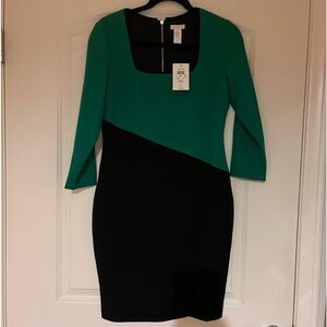 Cache Green and Black Square Neckline Dress , 3/4 Sleeves.